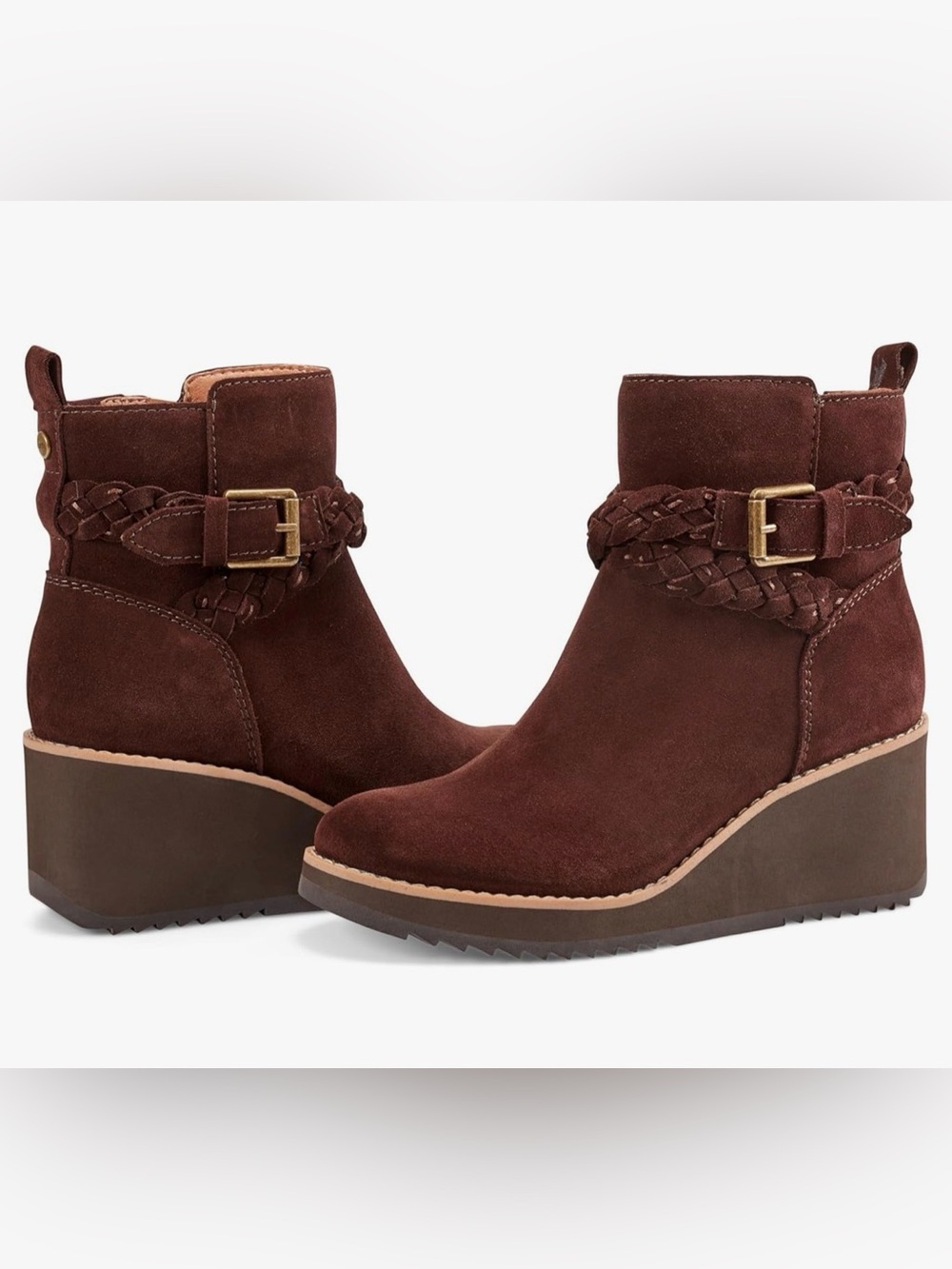 Earth Chocolate Brown Suede Wedge Ankle Boots with Braided Strap 9.5 wide